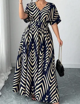 Vestido de línea A con cuello en V, mangas acampanadas y cintura ceñida con estampado floral para mujer de talla grande, para uso diario casual, atu - Shein - FashionsVida
