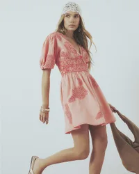 Womens Mini Dress Pink Cotton Short Puff Sleeve Cornelli - Size Medium