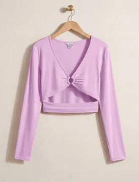 Women's O-Ring Cut Out V-Neck Long Sleeves Top in Pink Size: 18 - Pink - Size: 18 - Enorsia - FashionsVida