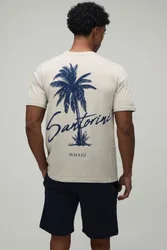 Mens Regular Fit Palm Print T-Shirt & Short Set - Beige Cotton - Size X-Large