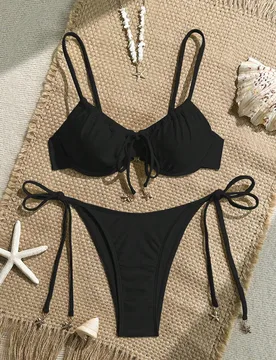 Set primaveral de 2 piezas: top tipo camiseta con cordones en unicolor y Bottom de traje de baño con detalle retorcido en los laterales, conjunto de - Shein - FashionsVida