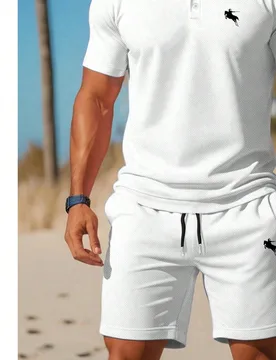Conjunto de manga corta con logo de caballero para hombre, polo holgado casual para ir al trabajo y pantalones cortos con cordón, blanco, adecuado pa - Shein - FashionsVida