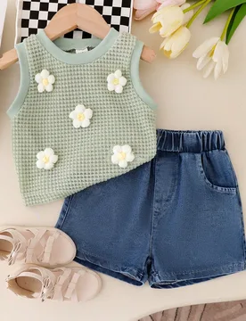 Conjunto de ropa de verano para niña con: Top de ganchillo calado, pantalones cortos de mezclilla azul, top blanco sin mangas con flores, atuendo ale - Shein - FashionsVida