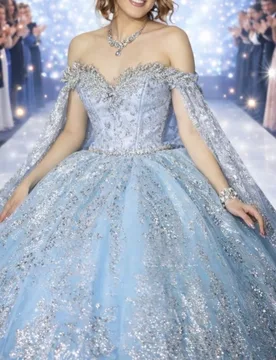 Shiny Light Blue Quinceanera Dress off-shoulder Glitter Crystal Decal Lace Long tail Vestidos De 15 Quinceanera ﻿Customize - Aliexpress - FashionsVida