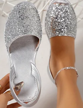 Sandalias planas casuales de mujer con lentejuelas y correa para el tobillo, para verano y atuendos de playa EUR36 - Shein - FashionsVida
