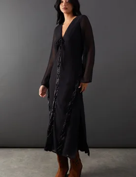 Womens Chiffon Lace Up Panelling Midi Dress - Black - Size 10 Uk - Warehouse - FashionsVida