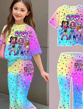 Conjunto de 2 piezas para niña joven con camiseta de manga corta y pantalones largos, estilo casual minimalista con estampado de grupo de chicas de d - Shein - FashionsVida