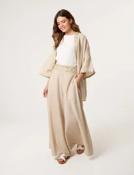 Wide Leg Embellished Linen Trousers - M / STONE - female - Blue Vanilla - FashionsVida