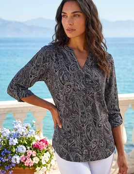 Women's Textured Paisley Print Stretch Blouse in Grey Size: 14 - Grey - Size: 14 - Roman - FashionsVida