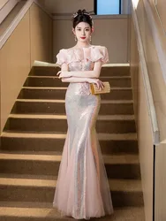 One-shoulder light luxury niche toasting banquet high-end custom-made pink sequined host dress