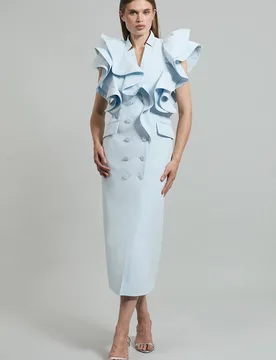 Women's Drama Ruffle Tuxedo Tailored Pencil Maxi Dress in Pale Blue Size: 6 - Pale Blue - Size: 6 - Karen millen - FashionsVida
