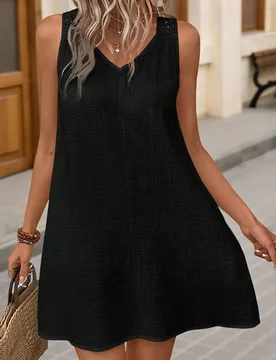 Vestido de tirantes negro de verano estilo bohemio con detalles calados L - Shein - FashionsVida