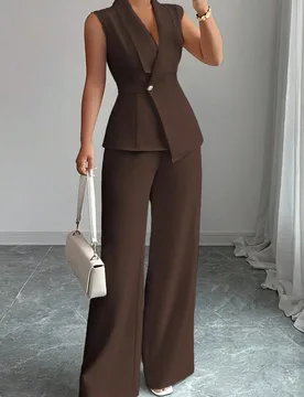 Conjunto de traje de 2 piezas elegante para oficina, viajes al trabajo, tarde de té: chaqueta blazer sin mangas con cuello y bajo asimétrico, con he - Shein - FashionsVida