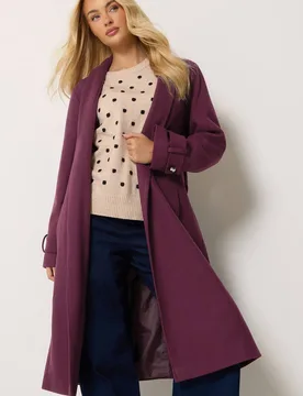 Women's Belted Tailored Coat in Plum Size: 16 - Plum - Size: 16 - M&Co - FashionsVida