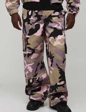 Mens Baggy Fit Camo Print Twill Trousers - Pink Cotton - Size X-Large - boohooMAN - FashionsVida
