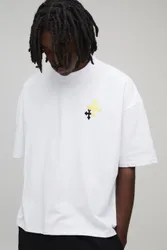 Herren Oversized Boxy T-Shirt mit besticktem Kreuz White Größe Small