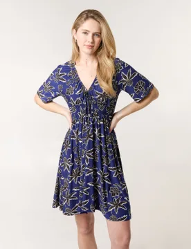 Shirred Waist Beaded V Neck Mini Dress - L/XL / NAVY - female - Blue Vanilla - FashionsVida