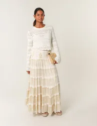 Foil Tiered Maxi Skirt - S/M / IVORY - female
