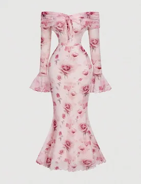 Vestido elegante de mujer con estampado floral rosa, hombros descubiertos y corte sirena, manga trompeta, vestido de lujo para invitada de boda, elega - Shein - FashionsVida