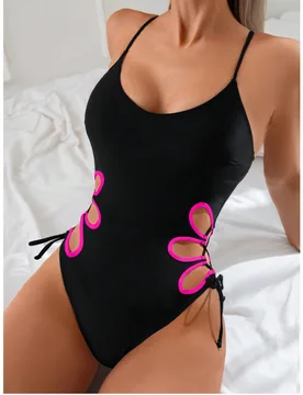 Pieza Traje de baño de una sola pieza de unicolor, con borde hueco y nudo delantero, sexy y casual para vacaciones, playa y verano M - Shein - FashionsVida