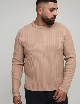 Herren Plus Basic Regular Fit Gerippter Strickpullover Taupe Größe 4XL - boohooMAN - FashionsVida