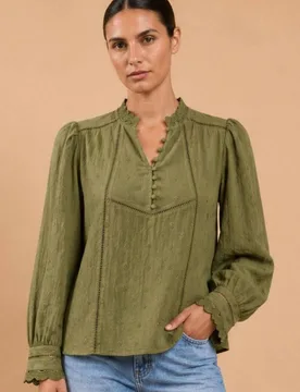 Women's Green Schiffly Embroidered Cotton Top Size: 8 - Green - Size: 8 - Little mistress - FashionsVida