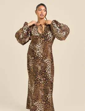 Women's Curve Satin Statement Sleeve Leopard Print Maxi Dress in Brown Size: 26-28 - Brown - Size: 26-28 - FASHION-SZN - FashionsVida