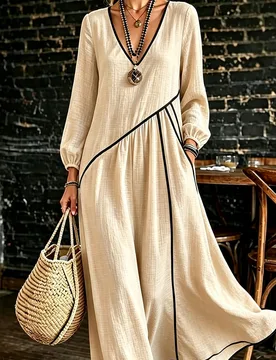 Vestido casual de manga larga para mujer de otoño/invierno, nuevo, de bambú con bloques de color, color albaricoque con textura, cuello en V, ribete - Shein - FashionsVida