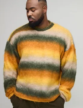 Herren Plus Kastenförmiger Oversized Pullover Mit Gebürstetem Streifenmuster Khaki Größe 2XL - boohooMAN - FashionsVida