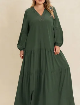Vestido de encaje rojo verde marrón con cuello en V, manga larga, holgado, talla grande, adecuado para vacaciones, té de la tarde, elegante 1XL - Shein - FashionsVida