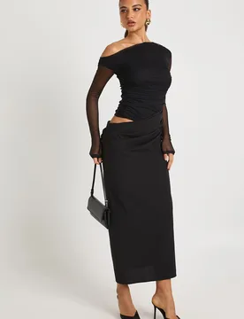 Womens Mesh Mix Draped Midaxi Dress - Black - Size 12 Uk - Boohoo - FashionsVida