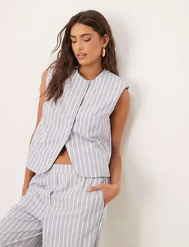 Womens Boxy Cutaway Waistcoat With Linen Co-Ord In Blue And White Stripe - Multicolour - Size 6 Uk - ASOS DESIGN - FashionsVida