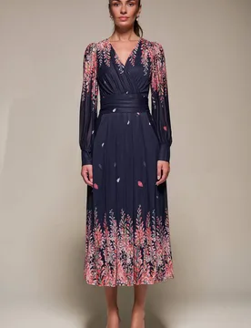 Women's Long Sleeve Printed Mesh Midaxi Dress in Dark Navy Size: 12 - Dark Navy - Size: 12 - Jolie Moi - FashionsVida