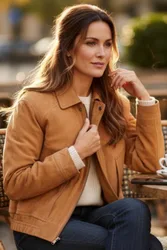 Women's Leather Biker Blouson Bomber Oversized Jacket - Moon in Tan Size: 24 - Tan - Size: 24