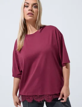 Women's Lace Hem T-Shirt in Burgundy Size: 18 - Burgundy - Size: 18 - Yours - FashionsVida