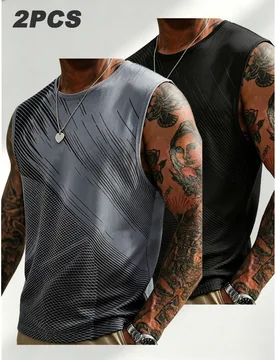 Piezas/Set Camisetas deportivas sin mangas para hombre, gris & negro con bloques de color + estampado de cuadrícula diagonal, top de entrenamiento pa - Shein - FashionsVida