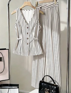 Conjunto de 2 piezas para mujer con pantalones largos y top sin mangas, top de chaleco ajustado y ceñido, presillas de cintura con hebilla cuadrada d - Shein - FashionsVida