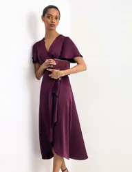 V-Neck Angel Sleeve Midi Wrap Dress Burgundy female