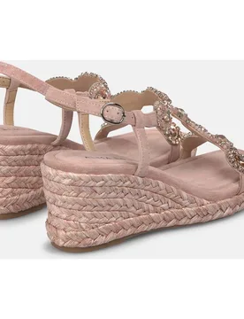 Sandalias de cuña de mujer de esparto con tira frontal en t con detalle pedrería circular - Alma en Pena - FashionsVida