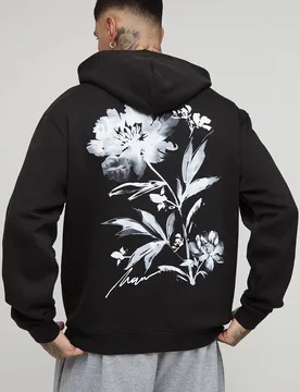 Herren Tall Oversize Blumendruck Hoodie Sweatshirt Black Größe XL - boohooMAN - FashionsVida