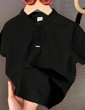 Camisa polo de punto de unicolor de manga corta, de cuello alto y media cremallera, holgada y versátil, cómoda para niños preadolescentes, adecuada - Shein - FashionsVida