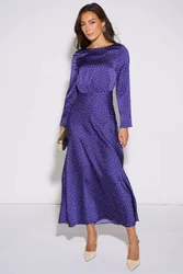 Women's Blue Spot Long Sleeves Satin Midi Dress Size: 8 - Blue - Size: 8