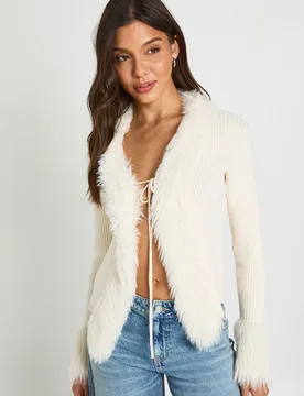 Womens Fur Trim Tie Front Knitted Cardigan - Cream - Boohoo - FashionsVida
