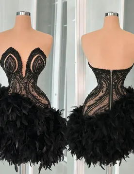 Black Short Prom Dresses Feathers Sleeveless Elegant Cocktail Dresses Dance Performance Gowns Vestidos De Customized - Aliexpress - FashionsVida