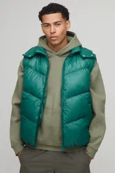 Herren Regular Fit Glänzende Wattierte Kapuzen-Stehkragen Weste Green Größe Medium
