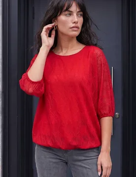 Women's Mesh Bubble Hem Stretch Top in Red Size: 20 - Red - Size: 20 - Roman - FashionsVida