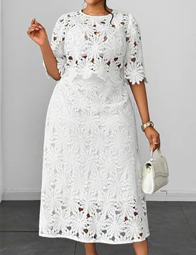 Conjunto de 2 piezas nuevo de verano blanco con estampado floral soluble en agua y diseño calado, top de manga corta acampanada + falda, conjunto ele - Shein - FashionsVida