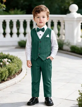 Set de 4 piezas Nuevo Traje Formal de Caballero para Niños, Incluyendo Camisa Blanca + Chaleco a Rayas + Pantalones + Corbata de Moño, Adecuado para - Shein - FashionsVida