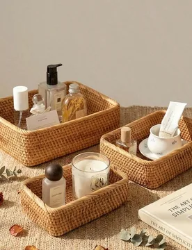Pieza/3 piezas Cesta de almacenamiento tejida a mano de ratán natural, organizador de bocadillos y frutas, cesta de mimbre, bandeja de baño, contene - Shein - FashionsVida