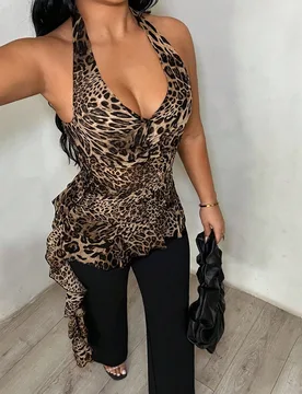 Top halter sin espalda con volantes y estampado de leopardo S - Shein - FashionsVida